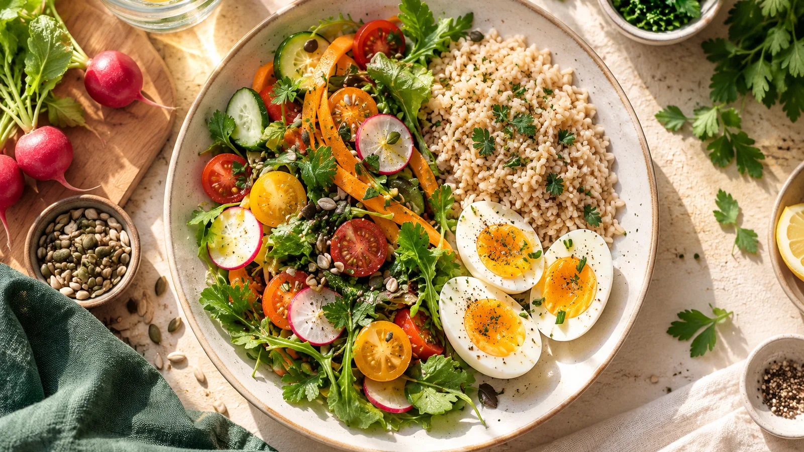 Assiette équilibrée vue du dessus